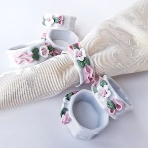 Vintage Floral Glazed Ceramic Napkin Ring Holder 6 pc Set
